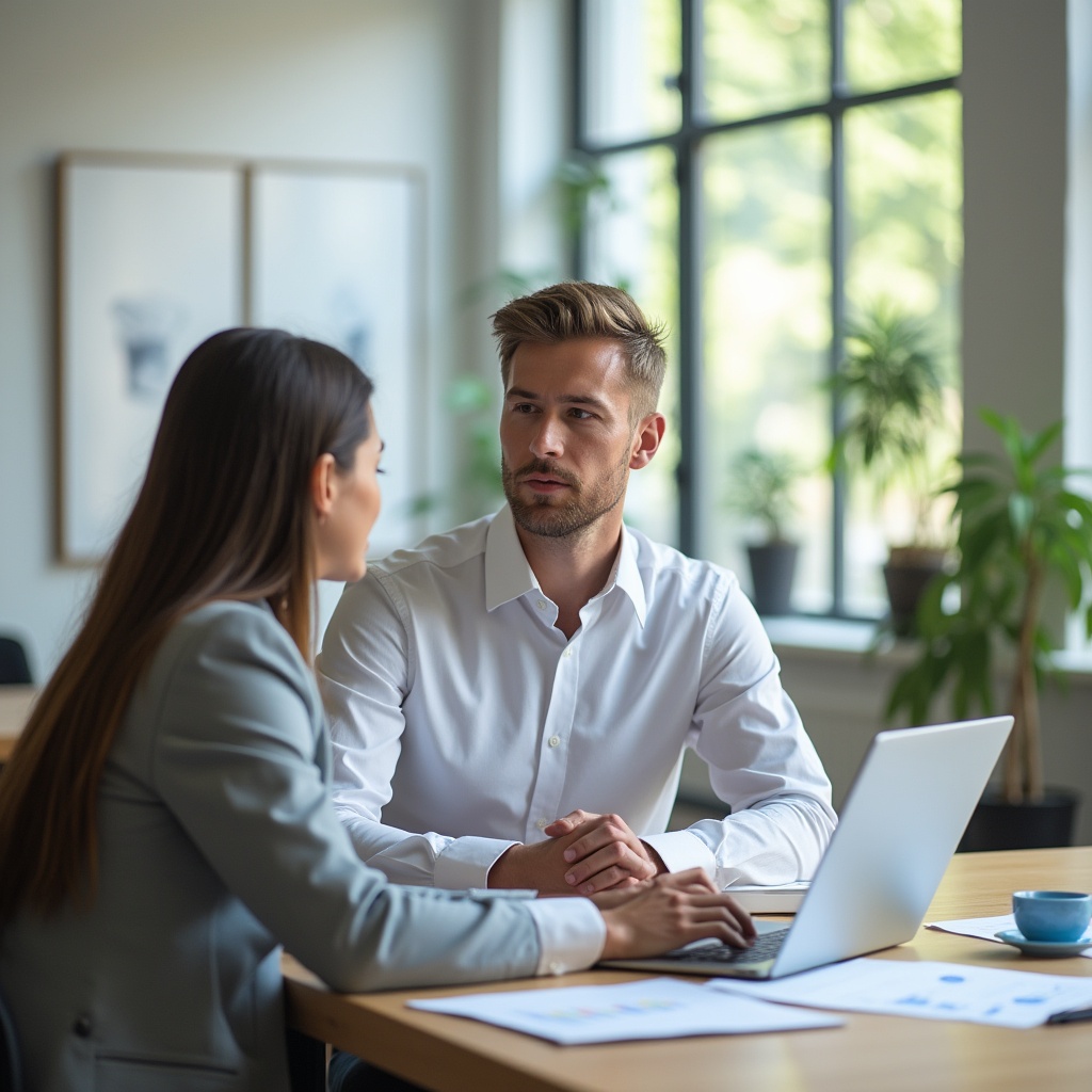 Dirigeante et conseiller financier discutant d’une stratégie d’optimisation fiscale lors de la cession d’entreprise, dans un bureau moderne et lumineux avec un ordinateur et des documents analytiques