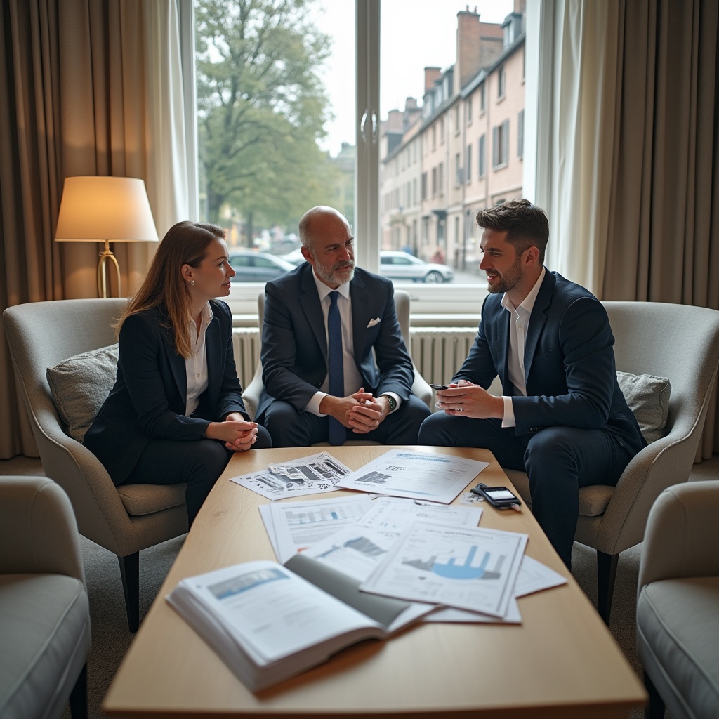 Un couple de dirigeants échange avec un expert financier dans un cabinet professionnel, autour de documents sur l’optimisation de la fiscalité via le PER pour la cession d’entreprise.